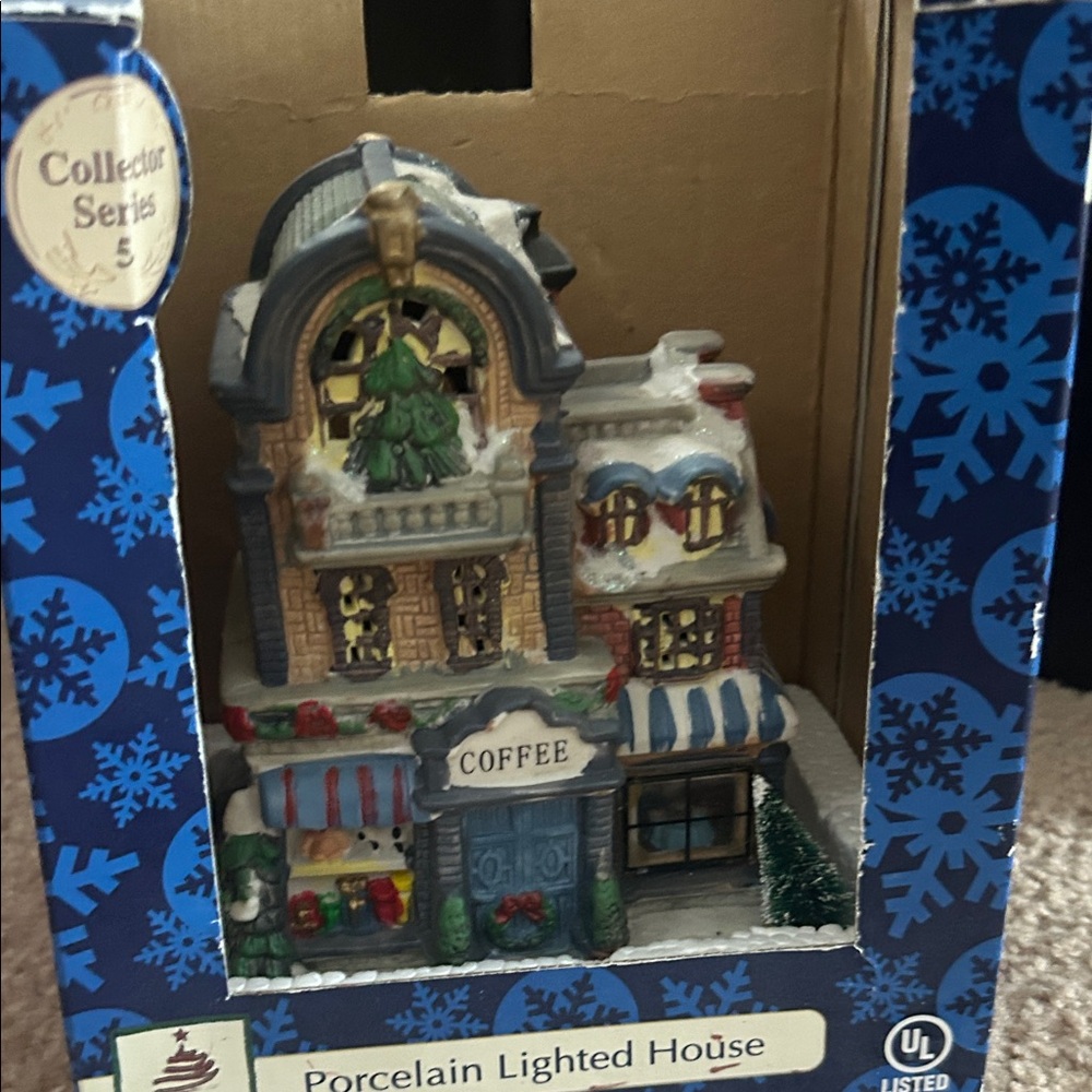 Porcelain Lighted House with Coffee Shop - multi colored,